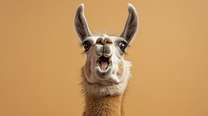 Obraz premium Llama with big, surprised eyes and open mouth on a light brown background.