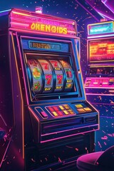Stylized vector of a slot machine in a retro design, with reels spinning and jackpot lights flashing