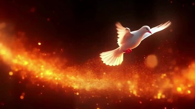  Bright Fire White Dove in Sky Digital Animation. Angel wing glistening in sunlight, close-up Descent of the Holy Spirit
