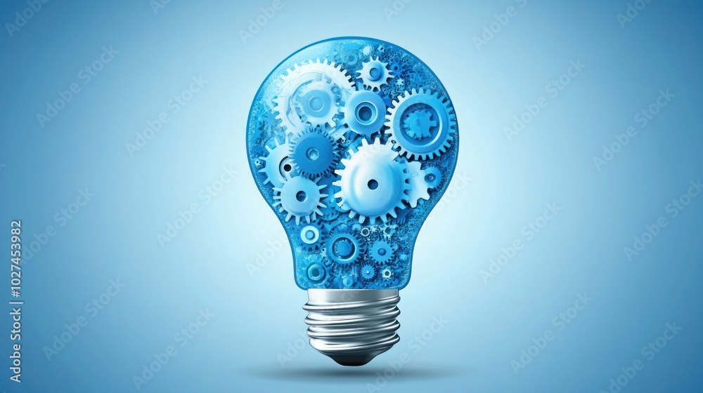 Poster blue lightbulb filled with interlocking gears