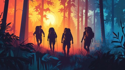 Trail hiking vector illustration, showing hikers walking through a forest trail, dynamic and colorful style