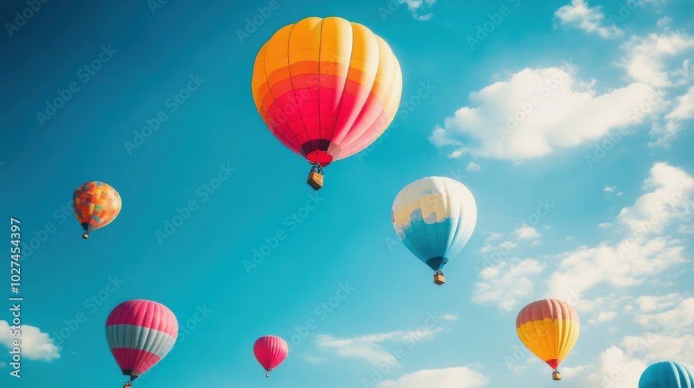 Poster colorful balloons drift peacefully in the clear blue sky, creating a cheerful spectacle against the 