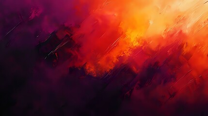 Bold abstract background featuring textured brushstrokes in deep reds, oranges, and purples, creating an intense, fiery atmosphere