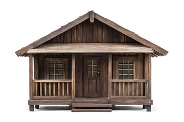 Wooden Cabin Model with Porch  Front View  Isolated on White Background