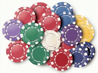Vector design of various casino chips with different denominations, in a stylish and colorful arrangement