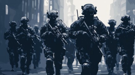 Fototapeta premium Vector graphics of tactical units, soldiers in formation, ready for action, modern and sleek designs