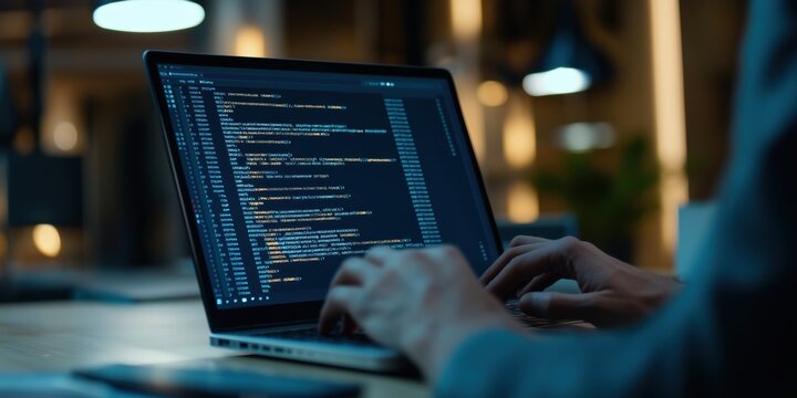 In a softly lit room, an individual is focused on coding on a laptop, symbolizing technological innovation, concentration, and the digital era of work.