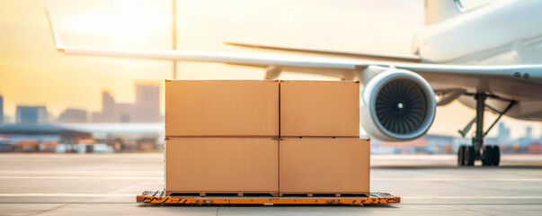 Air cargo logistic containers are loading to an airplane Air transport shipment prepare for loading to modern freighter jet aircraft at the airport