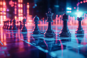 A chess board with a black king and white pawns