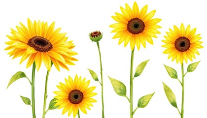 Obraz premium Set of watercolor bright yellow sunflowers hand-drawn AI Generate