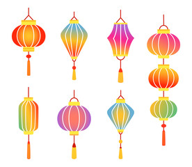 Chinese colorful holiday lanterns set. Asian trendy decoration. Design cartoon elements in flat style. 