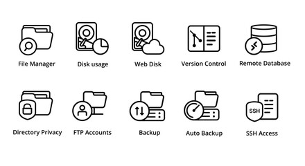 File manager disk storage remote privacy access FTP file transfer auto backup SSH icon collection set vector graphic illustration web hosting server management tools