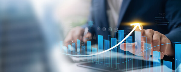 global finance and investment strategy, businessman analytics data and technology to drive business growth, optimize market performance, and forecast economic trends for sustainable success