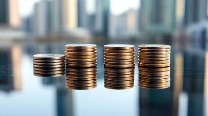 Coins and money reflect growth and wealth against a cityscape background, symbolizing financial success and stability in urban investment progress. Economic concept