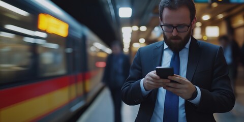 A professional businessman in a suit waits on a subway platform using his smartphone, illustrating the modern urban lifestyle and daily commute routine.