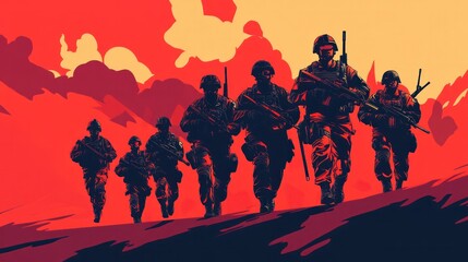 Fototapeta premium Vector illustration of an armed forces team, showcasing coordination between different branches, vibrant and detailed