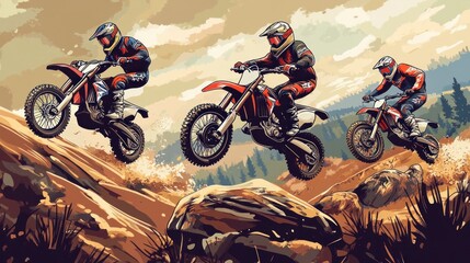 Vector illustration of motocross, featuring dirt bike riders jumping over obstacles, energetic and detailed style