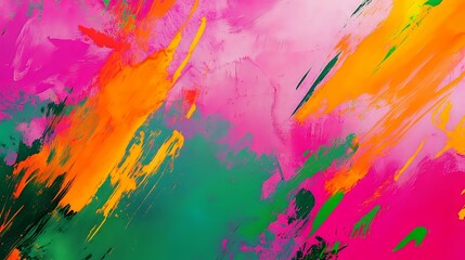 Vibrant abstract background with chaotic splashes of neon pink, green, and orange, combined with bold brushstrokes for an artistic look