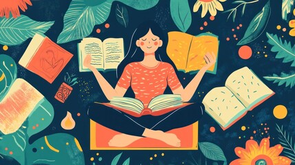 Vector illustration of relaxation activities, including yoga, meditation, and reading, vibrant and calming style
