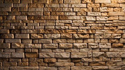 Fototapeta premium A close-up of a textured stone brick wall illuminated by warm light, highlighting the details and rough surfaces of the bricks.