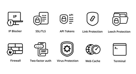IP blocker SSL TLS API tokens link protection leech firewall two factor authentication web cache terminal icon collection set vector graphic illustration web hosting server management tools