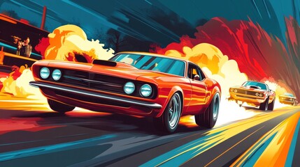 Vector illustrations of a drag racing event, showcasing powerful cars accelerating in a thrilling competition