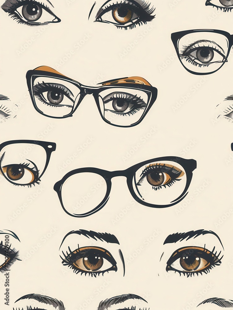 Poster eyeglasses are showcased on a vibrant background featuring various stylized eyes, creating an engagi