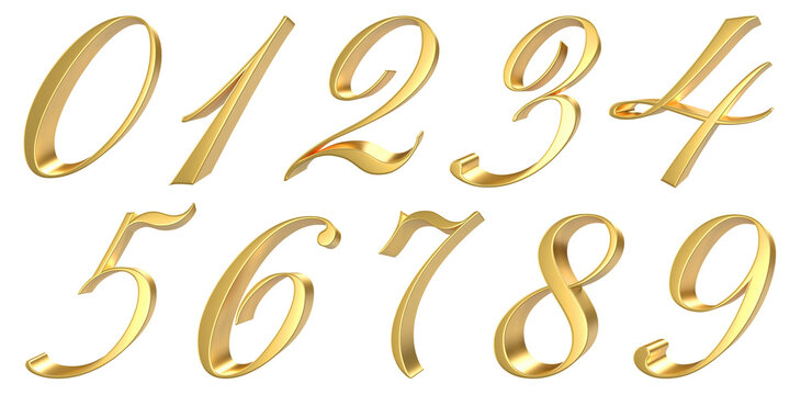 set of handwriting gold number 3d render