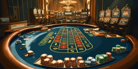 Vector of a casino games layout with tables for poker, roulette, blackjack, and baccarat, all with chips and cards in play