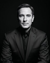 Obraz premium A man highlighted in bold contrasts on plain black background