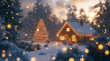  A beautiful cabin nestled in a snow-covered landscape, illuminated by warm golden lights under the soft glow of dusk. The perfect winter retreat.