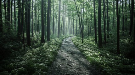 Obraz premium Enchanting Forest Path Through Dense Green Woodland