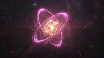 Obraz premium Glowing Atomic Structure in Space with Pink Orbits and Stars