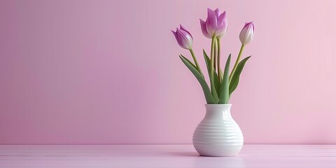 Naklejka premium A bouquet of purple tulips in a white vase on a pink background.