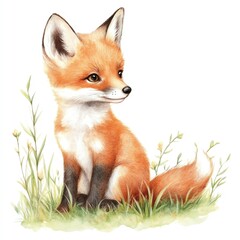 Fototapeta premium Adorable fox sitting in lush grass, cute and colorful illustration.