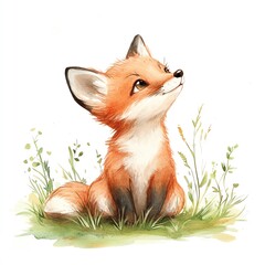 Fototapeta premium Adorable fox sitting in the grass, looking curiously at the surroundings.