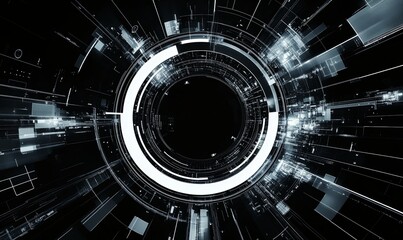 Obraz premium A futuristic, digital tunnel with a glowing white circle in the center, surrounded by abstract lines and shapes.