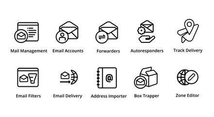Email management account forwarder autoresponder mail filter box trapper zone editor icon collection set vector graphic illustration web hosting server management tools
