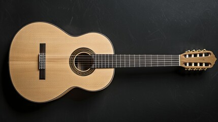Fototapeta premium A classical guitar lies flat on a black surface, the strings and body in focus.