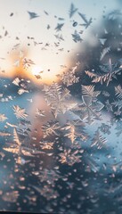 Intricate ice patterns on a frozen windshield amidst a tranquil winter landscape