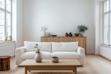 Minimalist, modern Scandinavian interiors in the living room with wood cabinets and sofas. Generative AI
