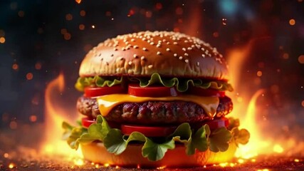 Close-up burger with fire flames black surface with flames and smoke in the background. gourmet fast food, restaurant menus, food