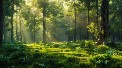 Obraz premium Sunlight filtering through trees in a vibrant forest during early morning hours