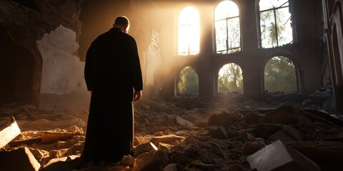 Fototapeta premium A solitary figure in a dark robe stands amidst the haunting ruins of an old building, as sunlight beams cascade through large arched windows, evoking mystery.