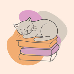 cat sleeping on a stack of books