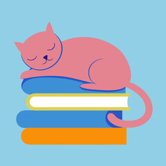 cat sleeping on a stack of books