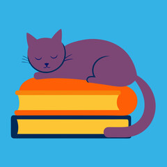 cat sleeping on a stack of books