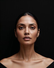A woman captured in a moment of reflection on plain black background