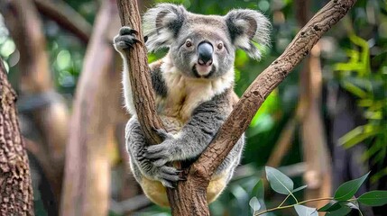 Obraz premium A koala bear sits on a tree branch, looking directly at the camera with its mouth slightly open.