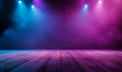 A dark, smoky background with wooden floorboards illuminated by three spotlights, two purple and one blue, creating a dramatic scene.